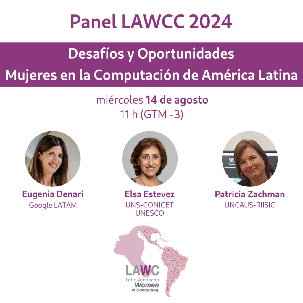 Poster Panel LAWCC 2024, Desafíos y Oportunidades: Mujeres en la Computación de América Latina. Eugenia Denari, Elsa Estevez, Patricia Zachman.